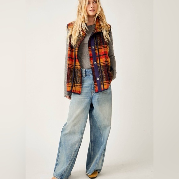 Free People Orange & Navy Plaid Button Vest - Picture 2 of 5